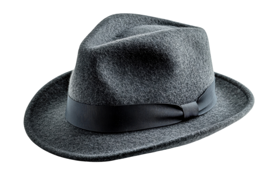 Stylish grey fedora hat with a black ribbon textured wool felt detailed craftsmanship elegant on transparent background