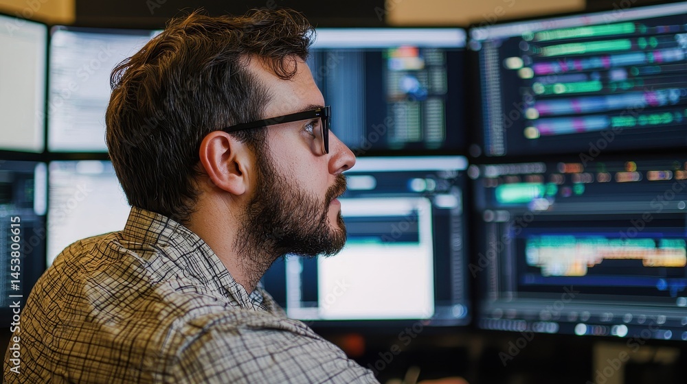Poster man analyzing data with multiple computer screens in a modern office environment