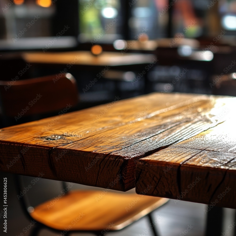 Poster a wooden table with a chair in front of it. the table is empty and the chair is empty