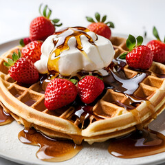 strawberry and chocolate cake, Delicious waffles topped with fresh strawberries and syrup white background