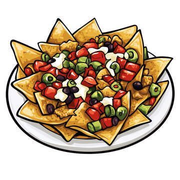 nachos on plate, colorful toppings, cartoon style clip art preview