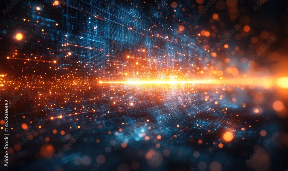 Poster abstract digital network space tunnel with light beams.