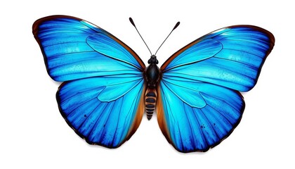 Obraz premium A single Morpho butterfly, wings fully spread, vibrant blue iridescence, isolated on pure white background, wildlife photography, macro