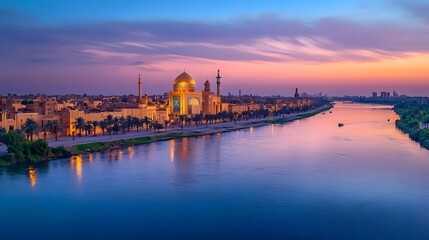 Fototapeta premium A tranquil riverside mosque at dawn's golden hour.
