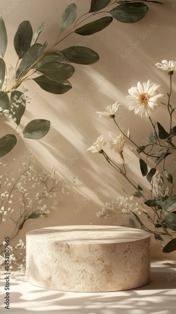 Poster Soft sunlight filters through the leaves, casting gentle shadows on a minimalist display featuring beautiful flowers and greenery. The scene captures tranquility in nature’s beauty