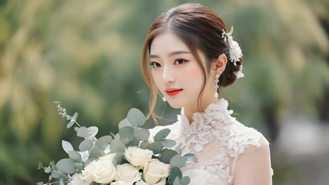 A smiling bride holds a bouquet of roses, radiating beauty and love on her wedding day