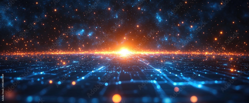 Poster dynamic digital landscape with glowing particles.
