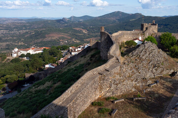 Panoramic view of the medieval village of Marvao, in the Alentejo region of Portugal at sunset since the castle.