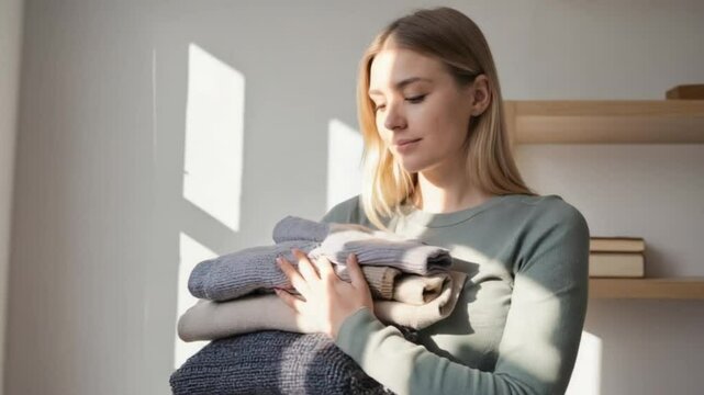 A young woman holding clothes in the house