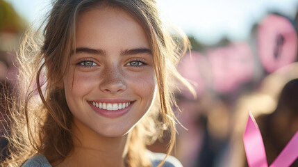 Close-up portrait of a smiling young woman with light brown hair and blue eyes, outdoors in bright sunlight