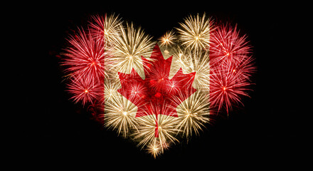 Canada Day Fireworks in Heart Shape with Maple Leaf Flag