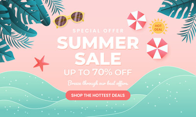 Summer sale design with paper cut tropical beach. Vector illustration template. 