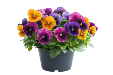 Vibrant multi colored pansies in a gray pot blooming beautifully against a pure black on transparent background