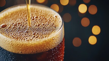 Golden Liquid Flowing into a Glass with Bubbles and Bokeh Background for Beverage or Celebration Themes