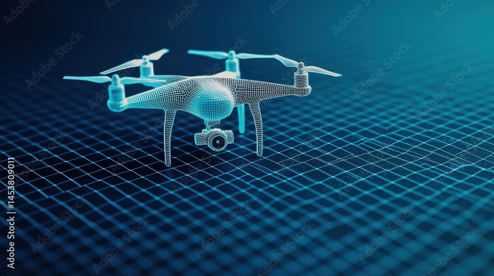 Poster futuristic drone with wireframe design over digital grid background technology innovation concept