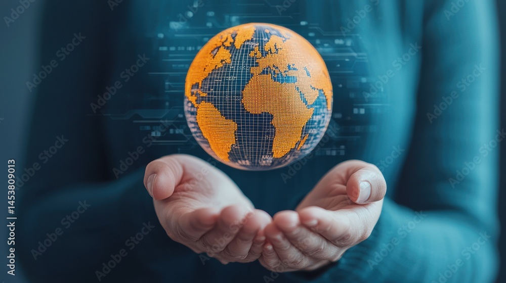 Poster hands holding glowing globe with digital overlay representing global connectivity and technology inn