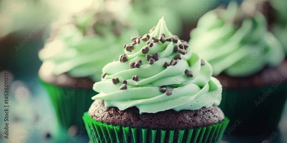 Poster three green cupcakes with chocolate frosting and chocolate sprinkles. the cupcakes are arranged in a