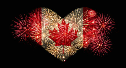 Canada Day Fireworks in Heart Shape with Maple Leaf Flag