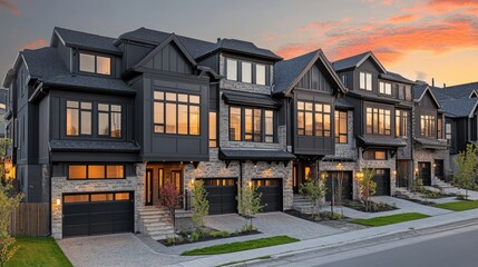 Fototapeta premium Exterior shot of newly built townhomes with driveways and landscaping