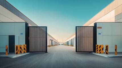Obraz premium Industrial park gate with signage and roadways leading into warehouse area