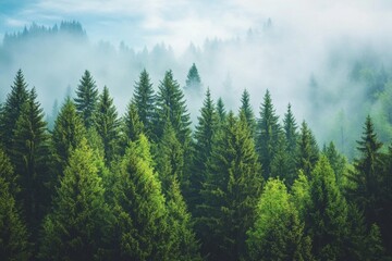 Fototapeta premium Misty forest scene, lush green trees