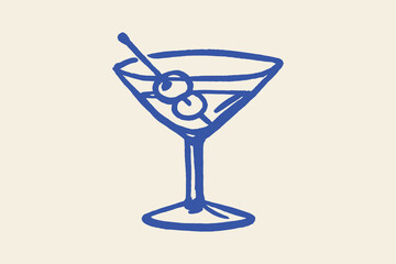 Cocktail martini glass with olives — naive bold sketch illustration