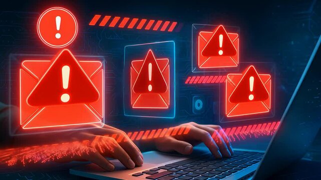 Email Phishing Attack Warning on Digital Screen with Red Alert Icons and Cybersecurity Interface


