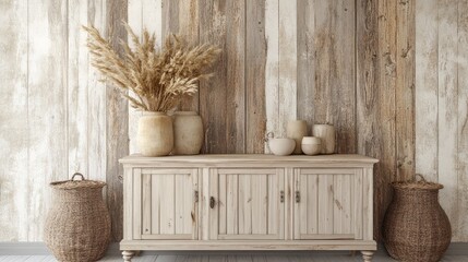 Obraz premium Natural wood panel wall with neutral-toned sideboard and dried grass decor
