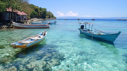Naklejka premium Tranquil Scene of Fishing Boats in Clear Turquoise Tropical Water