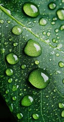 Green Leaf with Water Droplets Macro