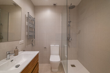 Bathroom with wood vanity, wall-mounted mirror, chrome towel warmer and glass shower enclosure