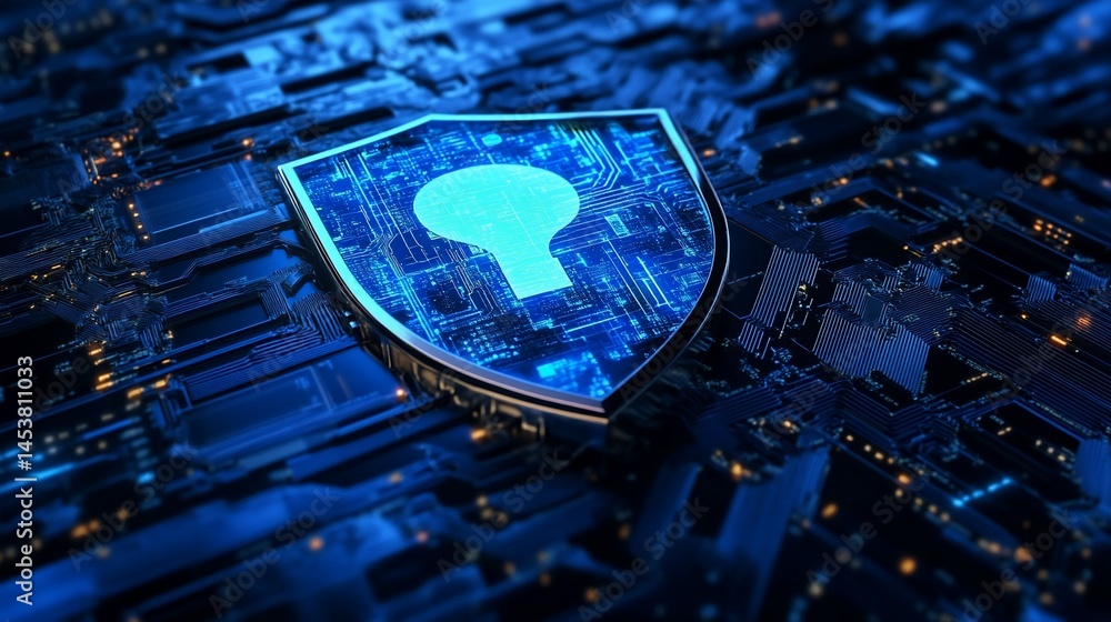 Poster digital shield: cybersecurity protection with key icon on circuit board