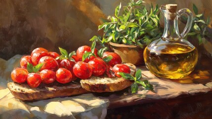 Sun-Drenched Still Life: Tomatoes, Basil, and Olive Oil