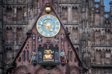 Nuremberg, Germany, August 2, 2023. Detail of the facade of the Church of Our Lady, in the market...