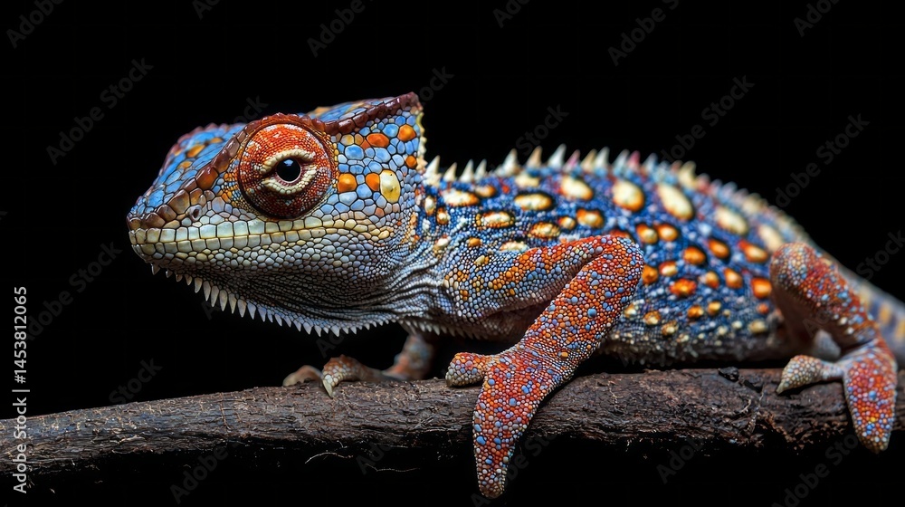 Poster a striking lizard displays vibrant blue and orange scales while resting on a branch. its detailed te