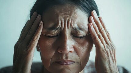 Fototapeta premium Sad looking elderly woman with hands on forehead, appearing to have a headache or migraine, suggesting stress or health concerns.