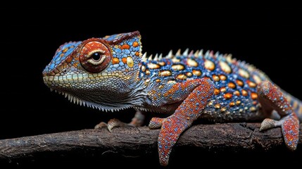 Obraz premium A striking lizard displays vibrant blue and orange scales while resting on a branch. Its detailed texture and colors stand out against a dark background, showcasing its unique beauty