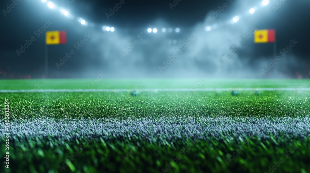 Poster a soccer field with a yellow and red flag in the background. the field is empty and the grass is wet