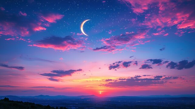Sunset, crescent moon, vibrant clouds, starry sky