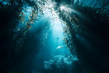 Obraz premium Underwater view of shark swimming through kelp forest with sun rays penetrating the water surface