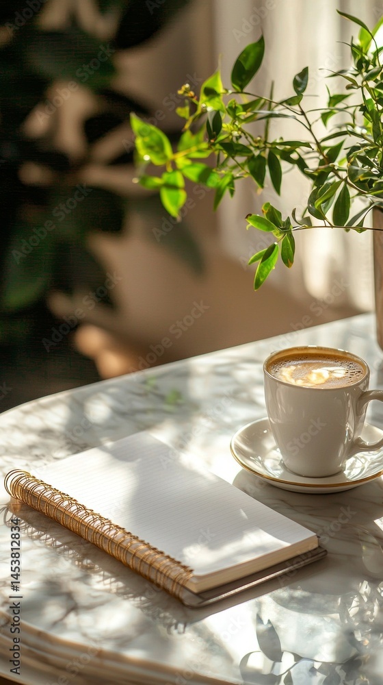 Aufkleber Sunlight pours through a window, illuminating a small table set with a cup of coffee and an open notebook. Green leaves provide a fresh, calming atmosphere, perfect for reflection