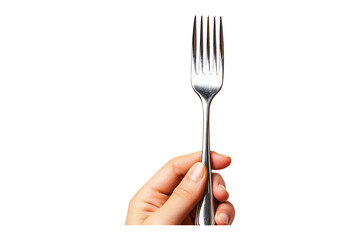 Hand holding metal fork isolated on transparent background
