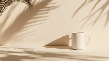 A minimalist coffee mug casting shadows on a beige background, surrounded by palm leaves, creating a serene atmosphere.