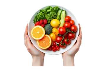 hands holding a plate with vegetables and frui isolated on transparent background