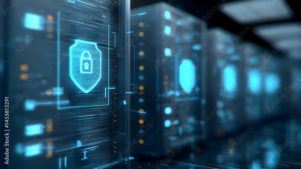 Poster futuristic data servers with digital locks represent cybersecurity and data protection in a modern, 