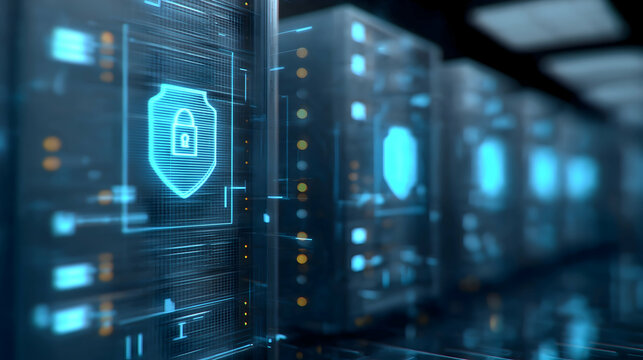 Futuristic data servers with digital locks represent cybersecurity and data protection in a modern, high-tech environment.