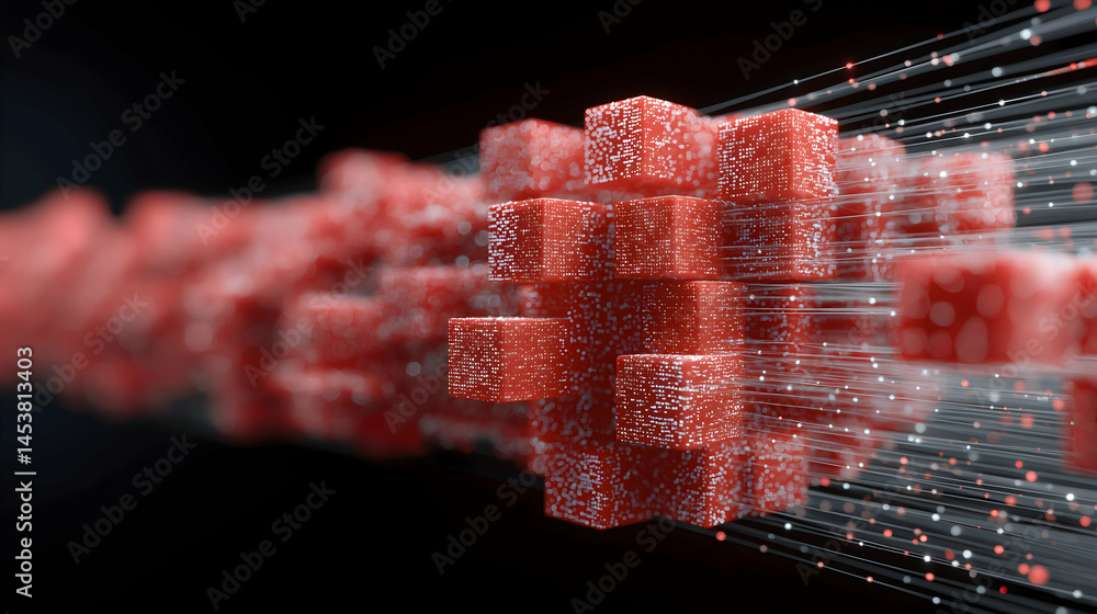 Poster abstract red cubes and digital lines form a futuristic, high-tech data visualization on a dark backg