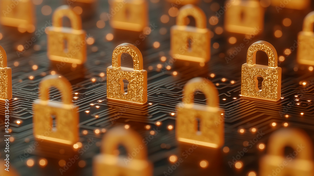 Aufkleber multiple golden padlocks stand on a digital circuit board, symbolizing cybersecurity and data protec