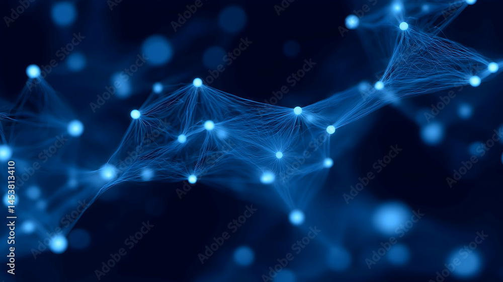 Poster a network of glowing blue nodes connected by thin lines on a dark background, resembling a digital o