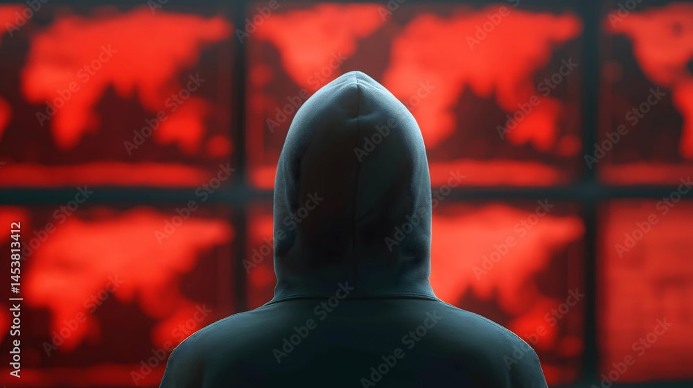 Poster a hooded figure faces multiple red screens displaying world maps, evoking cyber security, hacking, o